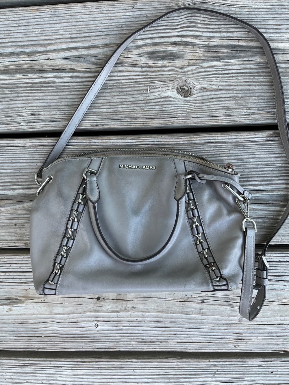 Michael Kors Gray Leather Crossbody Bag with Multiple Compartments